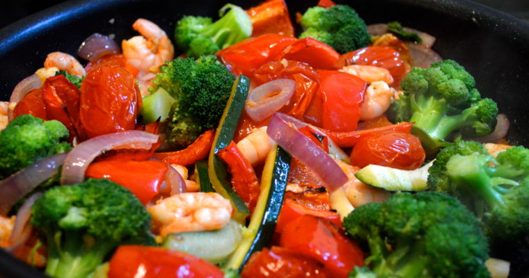 Wok a rainbow: Broccoli, chilli, garlic and ginger prawns