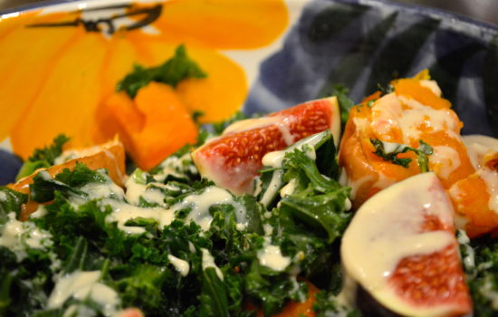 Warm kale, fig and butternut squash salad with a tahini dressing