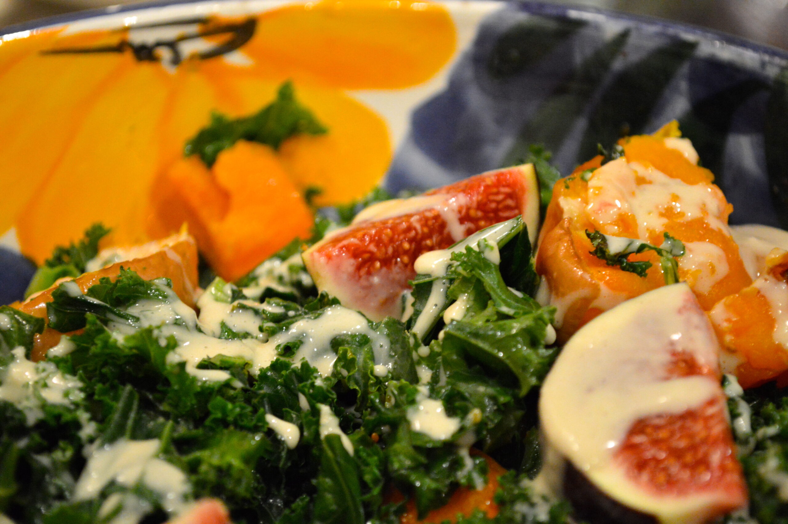 Warm kale, fig and butternut squash salad with a tahini dressing