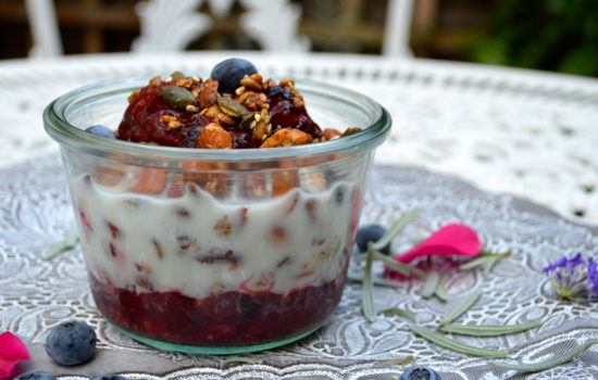 Cinnamon granola with a mixed berry compote