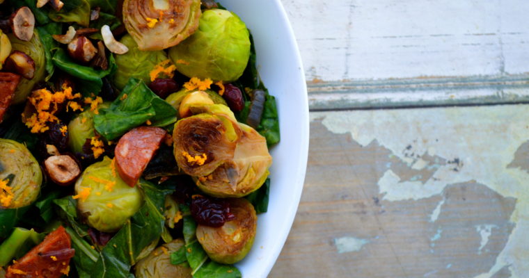 Pan-Fried Festive Sprouts With Orange, Chorizo, Cranberries and Hazelnuts