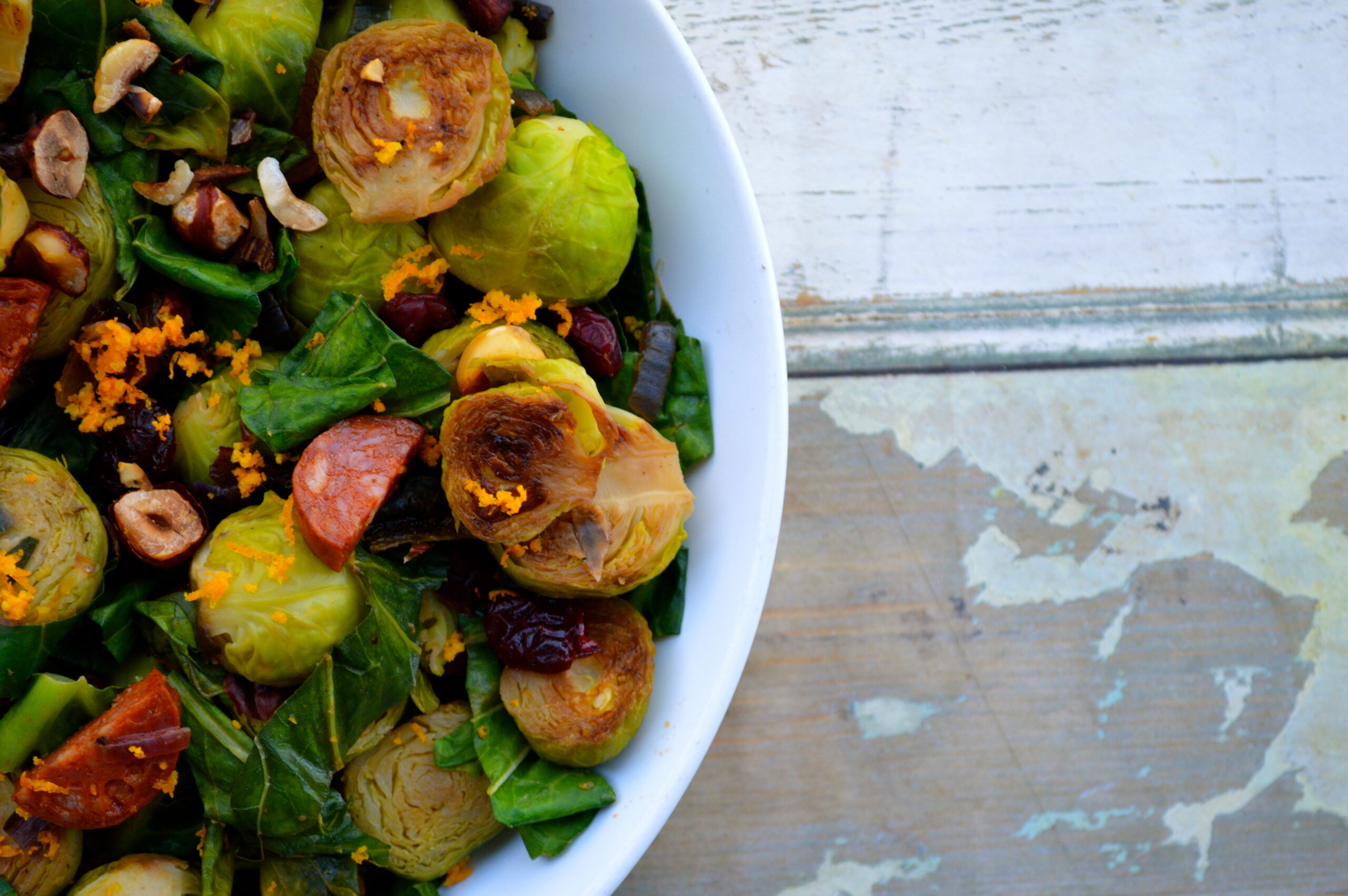 Pan-Fried Festive Sprouts With Orange, Chorizo, Cranberries and Hazelnuts