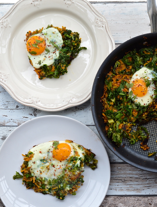 Sweet potato and kale rosti with baked eggs