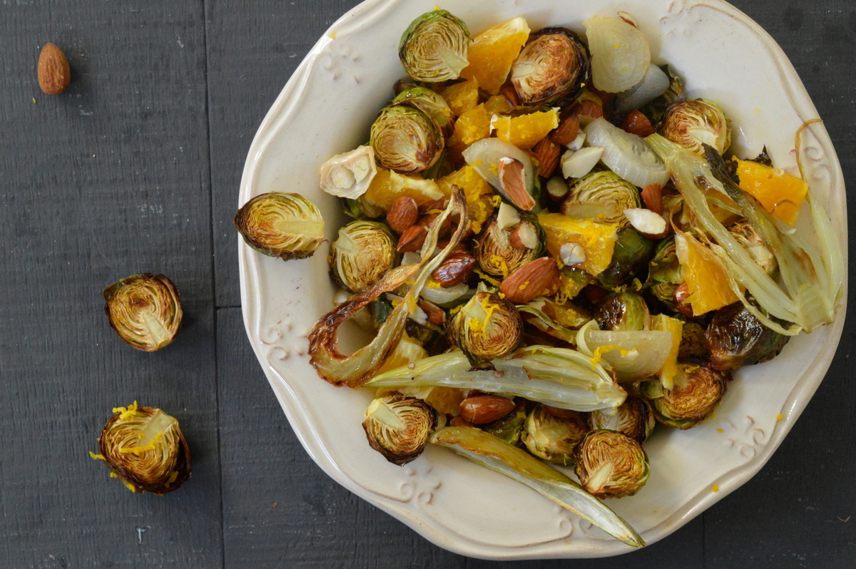 Roasted Fennel and Brussels Sprouts with Orange & Almonds