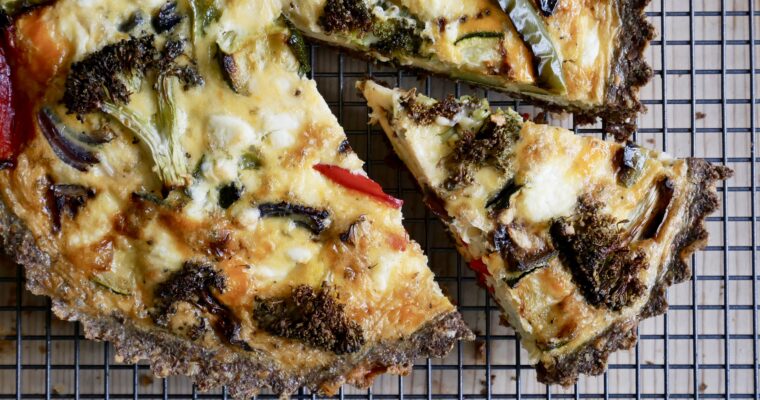 Roasted vegetable quiche with a cheddar crust